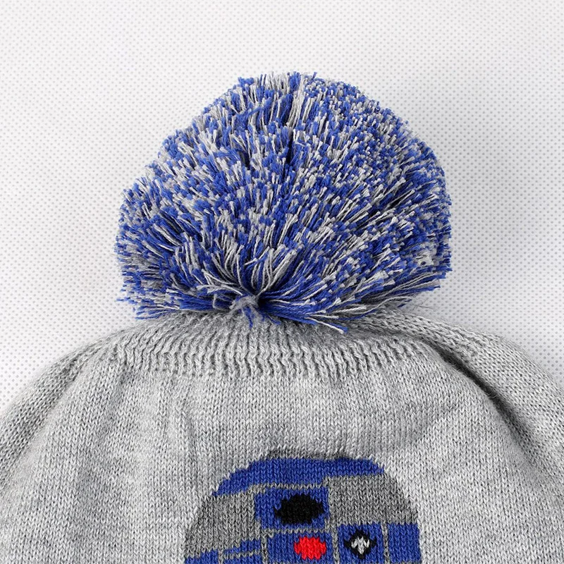 Robot/теплая шапка бини для маленьких мальчиков Зимняя Толстая Серая с помпоном