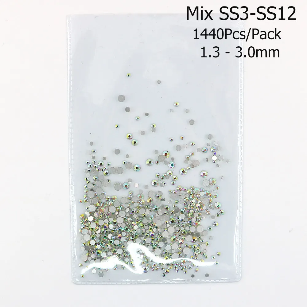 Mix(SS3-SS12)1440Pcs SS3-SS40, Блестящие Стразы для ногтей, художественные Кристальные AB прозрачные стеклянные камни, 3D дизайн ногтей, декоративные стразы с плоской задней поверхностью, не исправляемые Стразы - Цвет: Mix(SS3-SS12)1440Pcs