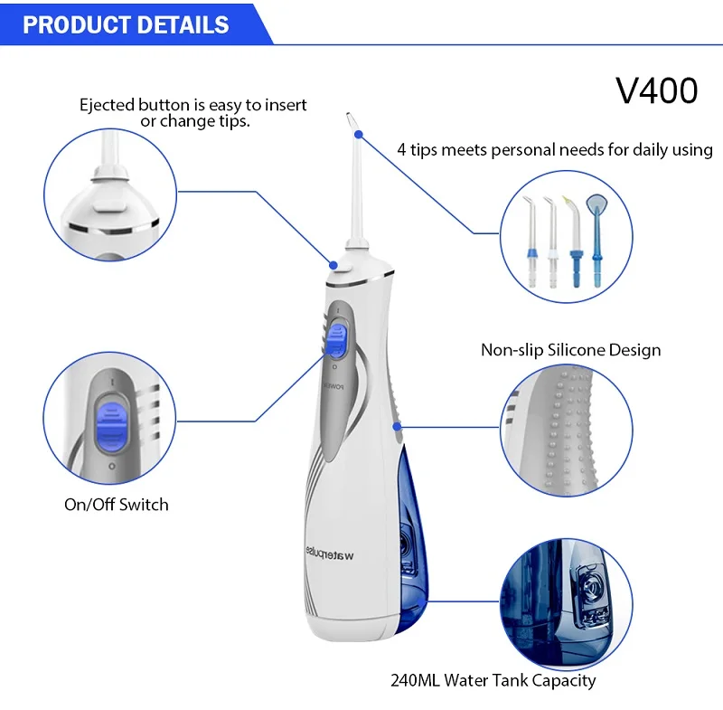 Стоматологической помощи waterpulse Портативный электрические зубные Вода Flosser Ирригатор для полости рта V400 Перезаряжаемые Чистка зубов зубной SPA воды