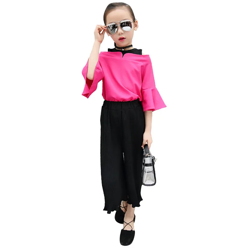2018 Spring Autumn Girls Flare Sleeve T-shirt+Pants Fashion Princess Clothing Sets Kid Bare shoulder School Sport Clothes set | Мать и