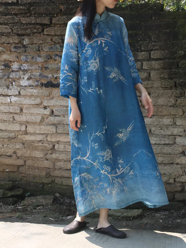 Vintage Stand Collar Three Quarter Sleeve Bird Print Blue Pure Ramie Linen Dress Spring Summer Elegant Lady Quality Retro Robe | Женская