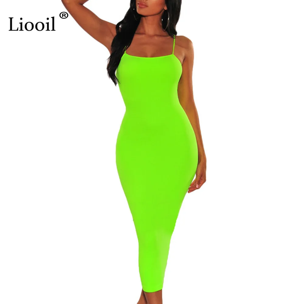 Зеленый Liooil неоновый оранжевый зеленый спагетти ремень миди Bodycon женское платье новое поступление летние сексуальные платья вечерние платья для ночного клуба - Цвет: Зеленый
