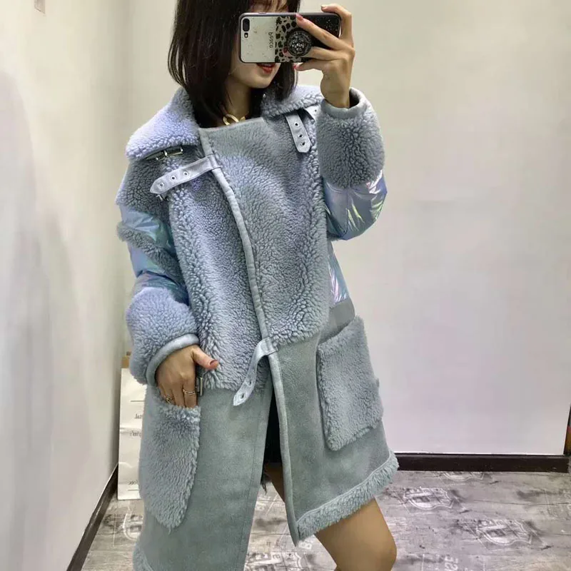 High quality wool blends coat real price new synthetic fur women winter patchwork duck down jacket thick warm female parka