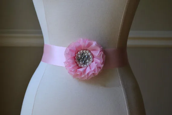 

Light Pink Chiffon Flower Bridal Sash with Pearl Beaded Center wedding silk Flower Belt Dress gown sash