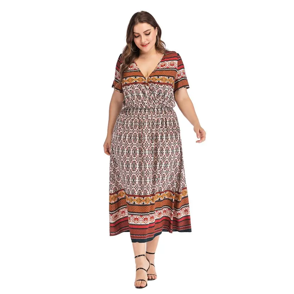 Женское платье большого размера 2019 Boho с длинным v-образным вырезом и коротким