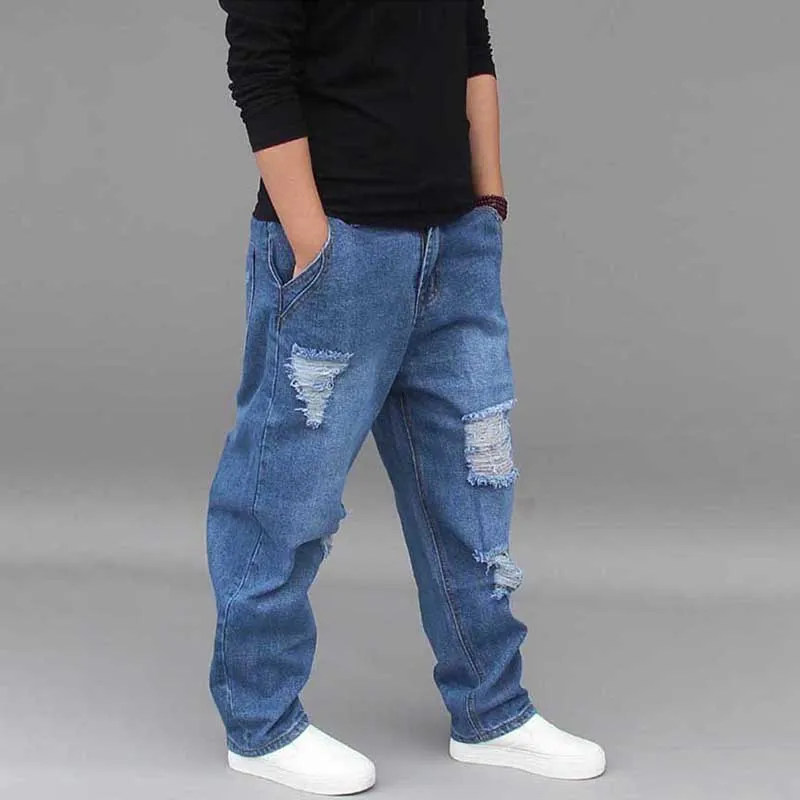 Fashion Harem Denim Pants Men Casual Hip Hop Ripped Jeans Distressed Low Crotch Hole Loose Baggy Cotton Trousers Male Clothes