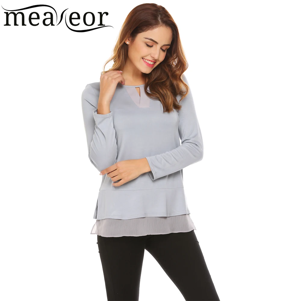 Meaneor Женская модная футболка с длинным рукавом и круглым вырезом Повседневная