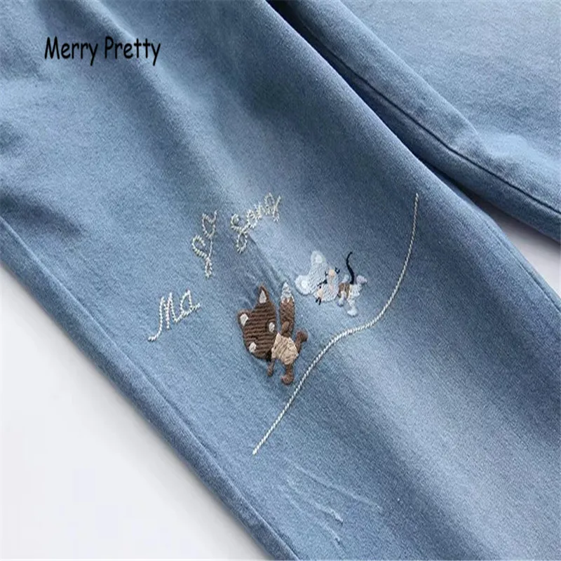 Merry pretty винтажные джинсы для бойфрендов женские Мультяшные Embroidey женские эластичные джинсовые брюки с высокой талией шикарная мама свободные джинсы