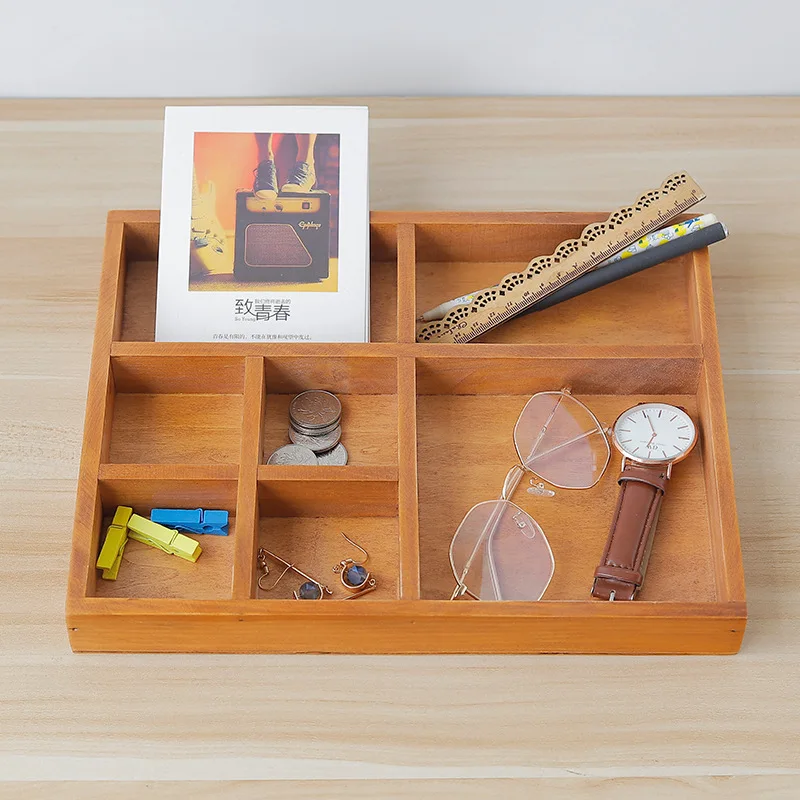 Retro Simple Wooden Desktop Storage Box Creative With Division Makeup Groceries Jewelry Organizer Home Organization | Дом и сад