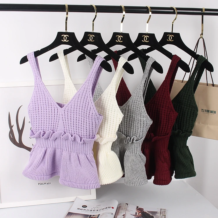 MISSFEBPLUM Korean Harajuku Pullover Women Sweater Vest 2020 Autumn Winter Sleeveless Ruffle Cropped Peplum Tops Knitwear Jumper |