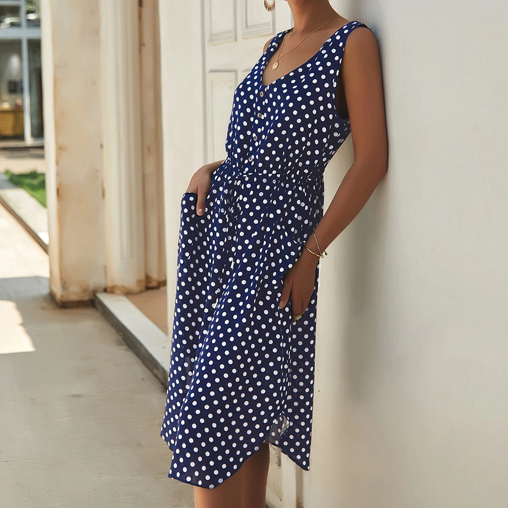 Женское винтажное платье в горошек без рукавов с v-образным вырезом повседневное