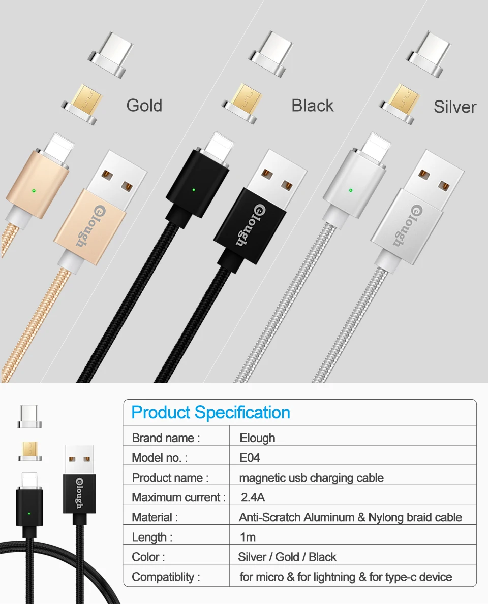 Elough E04 Магнитный зарядный usb-кабель для iPhone XR Micro USB кабель Тип C кабель Магнитный зарядный кабель Быстрая зарядка кабель для передачи данных