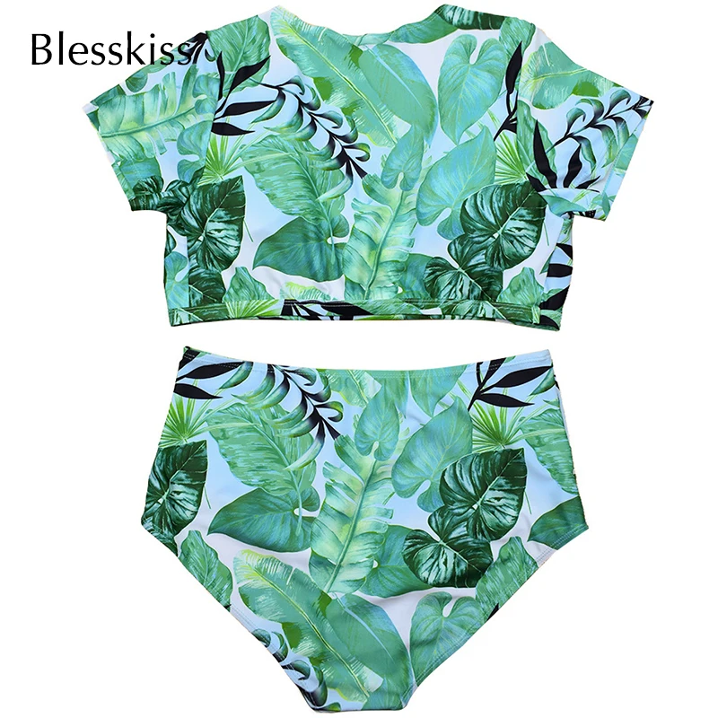 BLESSKISS, укороченный топ, высокая талия, купальник, бикини, женский купальник размера плюс, с принтом, тропический купальник с пляжным кафтаном, накидка