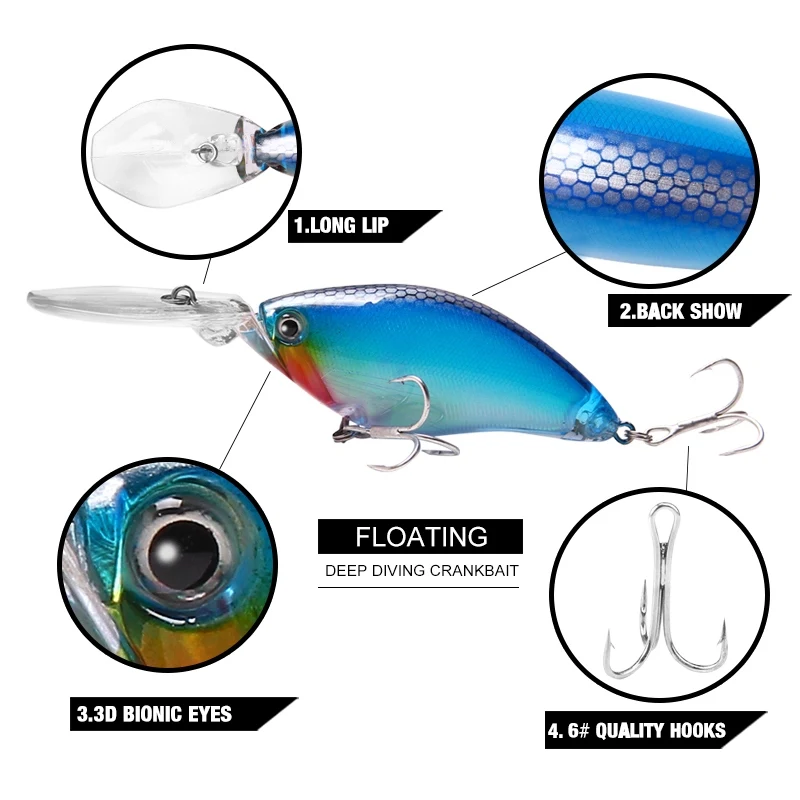 YTQHXY плавающий Глубокий Дайвинг Crankbait рыболовные приманки 17 8 г/70 мм воблеры с 6 #