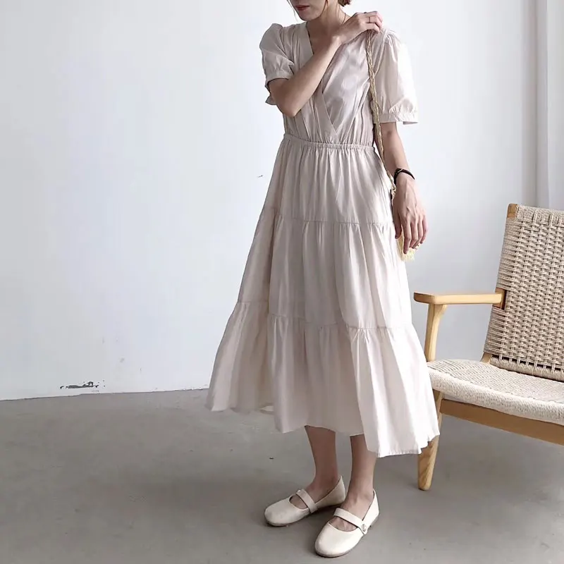 Корейская Летняя женская одежда ретро с v образным вырезом свободное