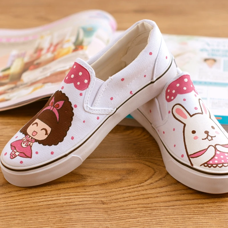 E-LOV; Kawaii; ручная роспись; Повседневная парусиновая обувь на плоской подошве для девочек; Низкие лоферы с рисунками животных и граффити; женская обувь без застежки; Zapatos De Mujer