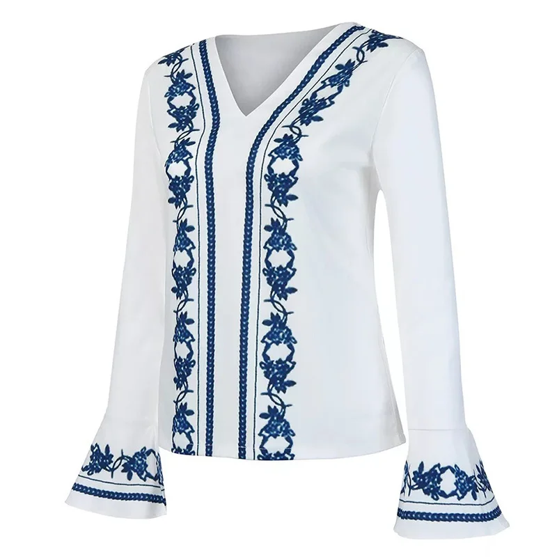 Белые женские топы с длинными рукавами рубашки v-образным вырезом длинный