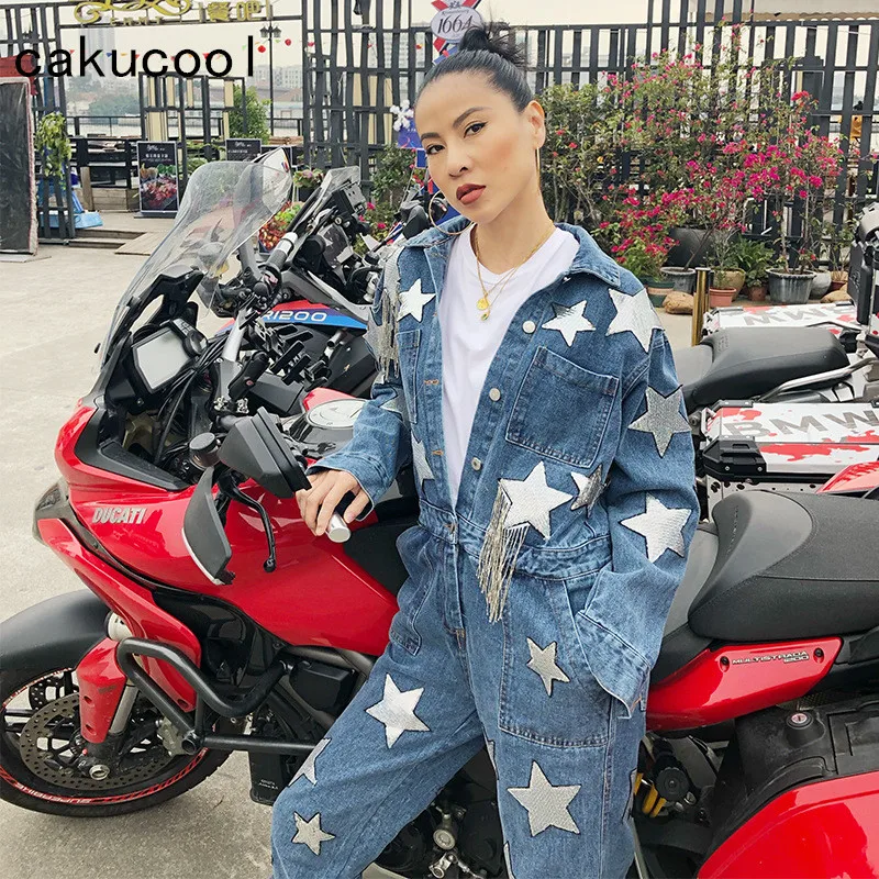 Cakucool Sexy Denim Jumpsuit Women Romper Long Sleeve Spring Autumn Stars Sequins Jeans Jumpsuit Female 2019 Streetwear Overall