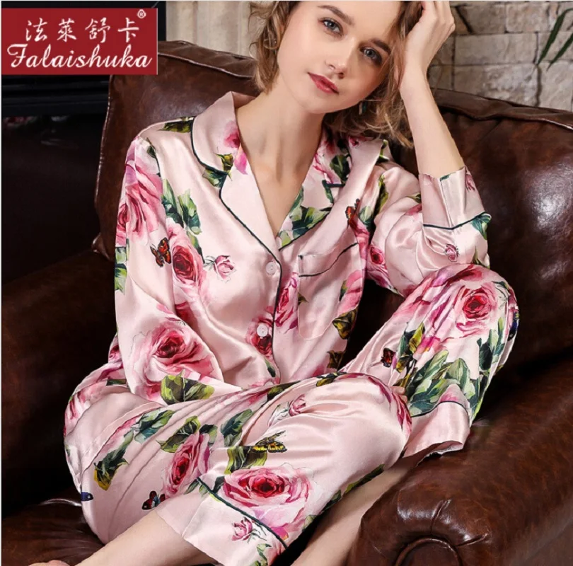 Silk Pajama Sets Pants Home Wear Plus Size Sexy Flower Print Two Piece Set Woman2019 Summer 100% Silk StainPajama Set Sleepwear