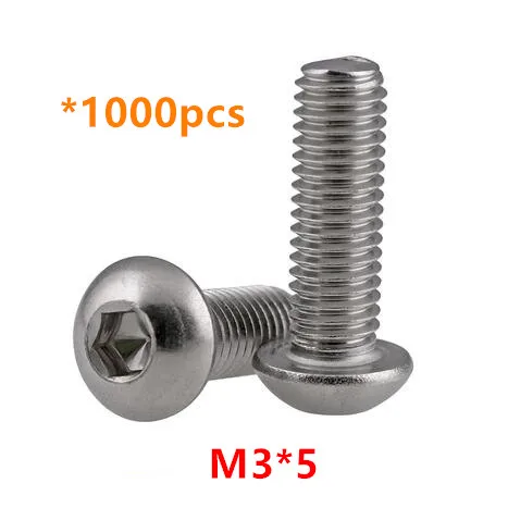 

1000pcs M3*5 Hex Socket Button Head Screws A2-70 Stainless steel Round head Mushroom Bolts ISO7380