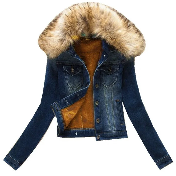 Женские джинсовые утепленные куртки из искусственного меха Короткие осенние и