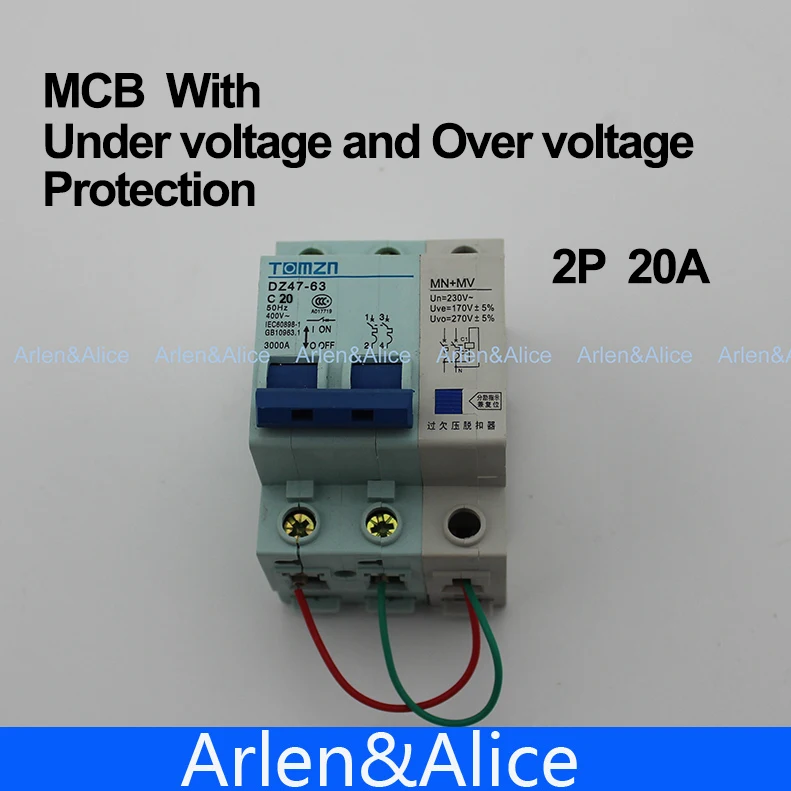 2P 20A 400V ~ 50HZ/60HZ MCB с защитой от перенапряжения и пониженного напряжения