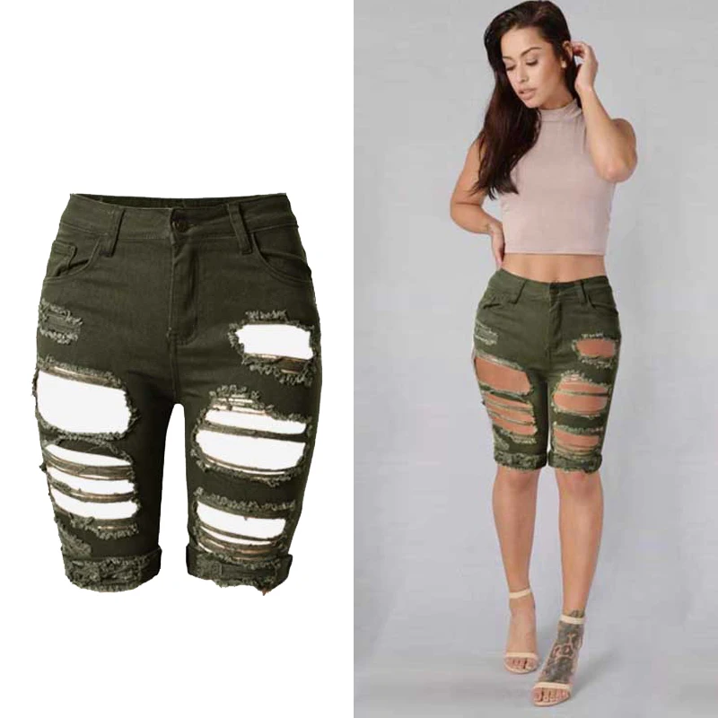 2020 Модные узкие брюки с завышенной талией рваные джинсы для женщин Капри шорты