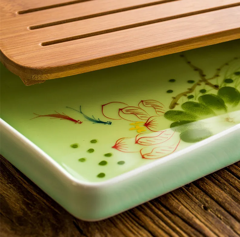 Longquan Celadon ручная роспись мини-керамический чайный поднос Бамбуковая поверхность