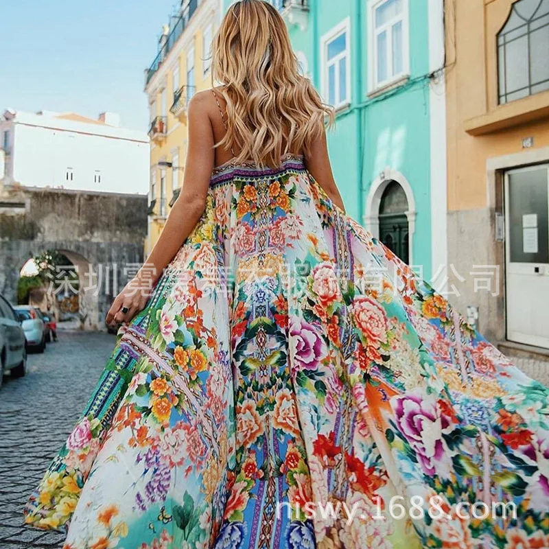 Long Sleeve Bohemian Maxi Dresses for Women Printing Casual Summer Beach Spaghetti Strap Vestidos|Женские платья| |