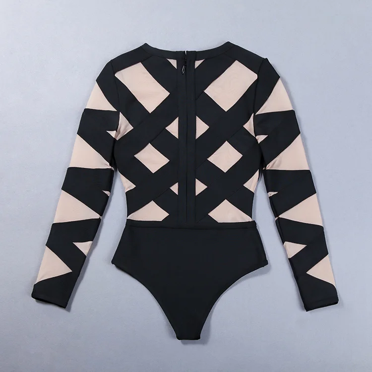 

Mesh Long Sleeve Patchwork 2016 Women's New Arrival Sexy Rayon Bodycon Bandage Bodysuits