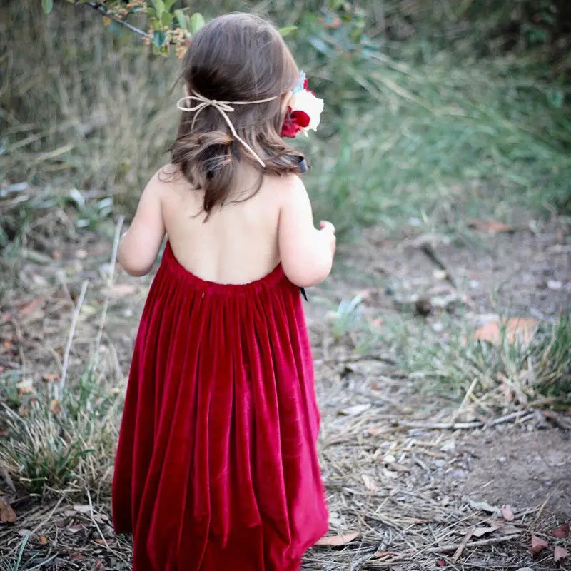 2019 Summer New Princess Girl sleevelss halter lace up Velvet long Dress Sundress Pageant Party Bridesmaid solid lovely Dresses | Детская