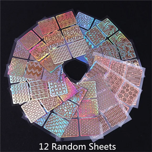 12Pcs Random Laser 6, 12, 24 листа, дизайн ногтей, полый набор трафаретов с лазерной наклейкой, Гель-лак для ногтей, виниловый наконечник, руководство по переводу, шаблон, Набор наклеек для ногтей - Цвет: 12Pcs Random Laser