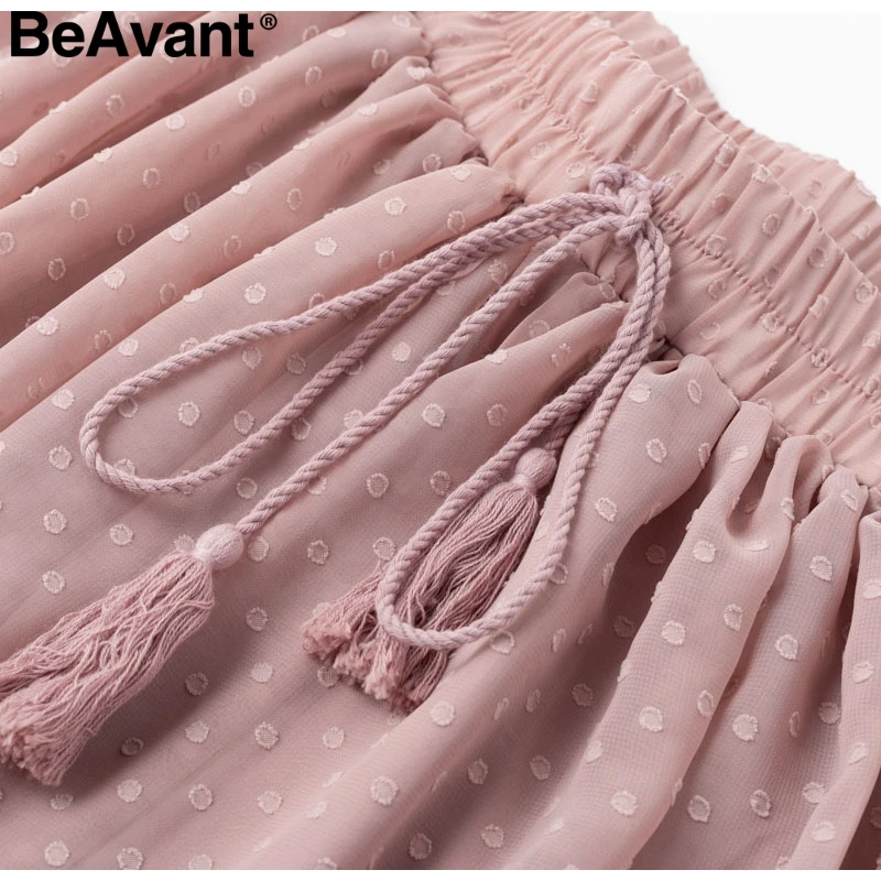 BeAvant Boho летняя плиссированная мини-юбка женская короткая юбка в горошек с высокой талией розовая трапециевидная шифоновая юбка с цветочным принтом и рюшами