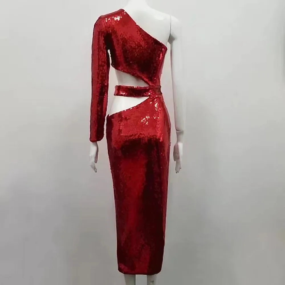 Новейшее сексуальное красное женское модное платье с одним рукавом и блестками