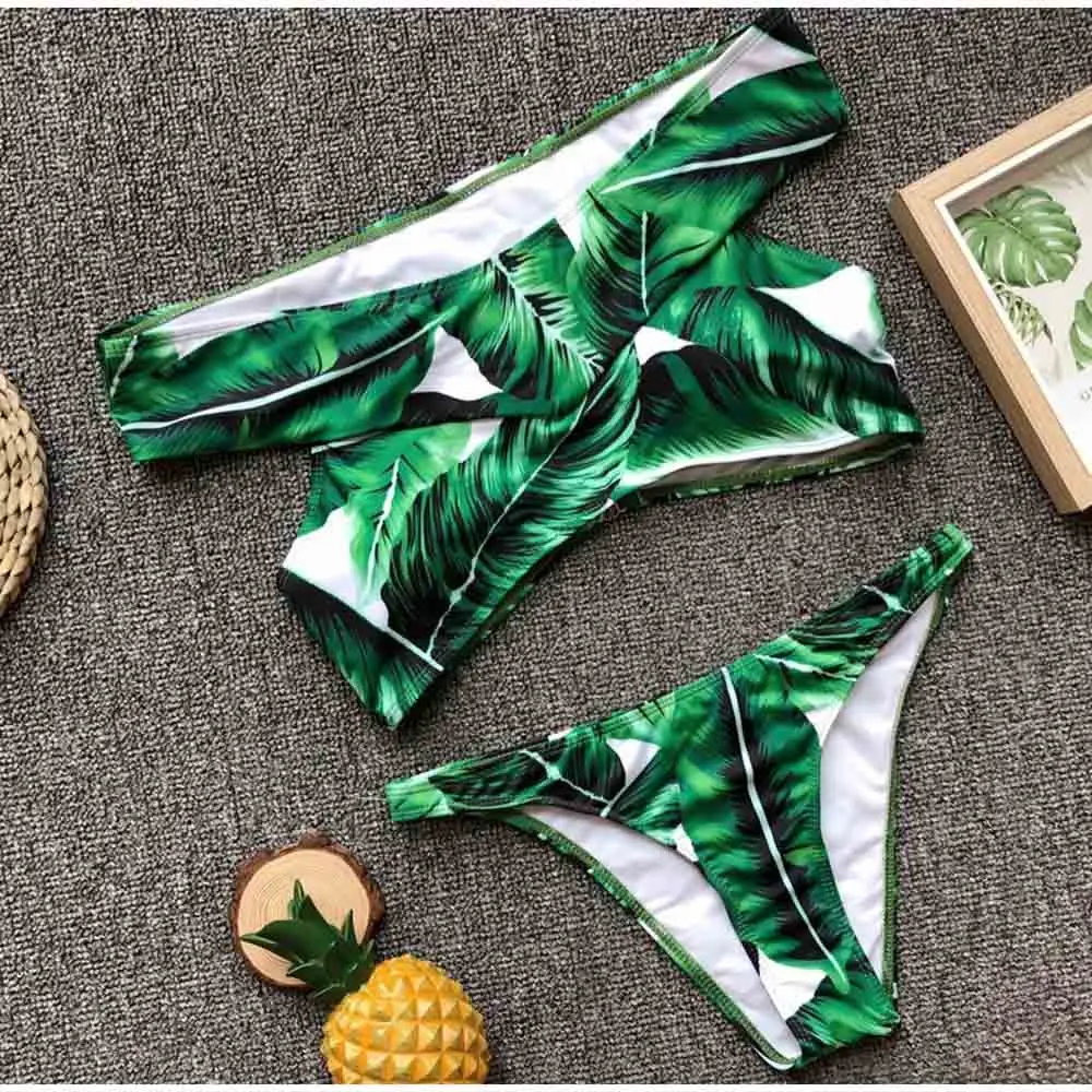 FS Banana Leaves Print Swimwear Women Off Shoulder Slash Neck Bikini Set Thong Swimsuits Bathing Suits Two Pieces Summer Beach |