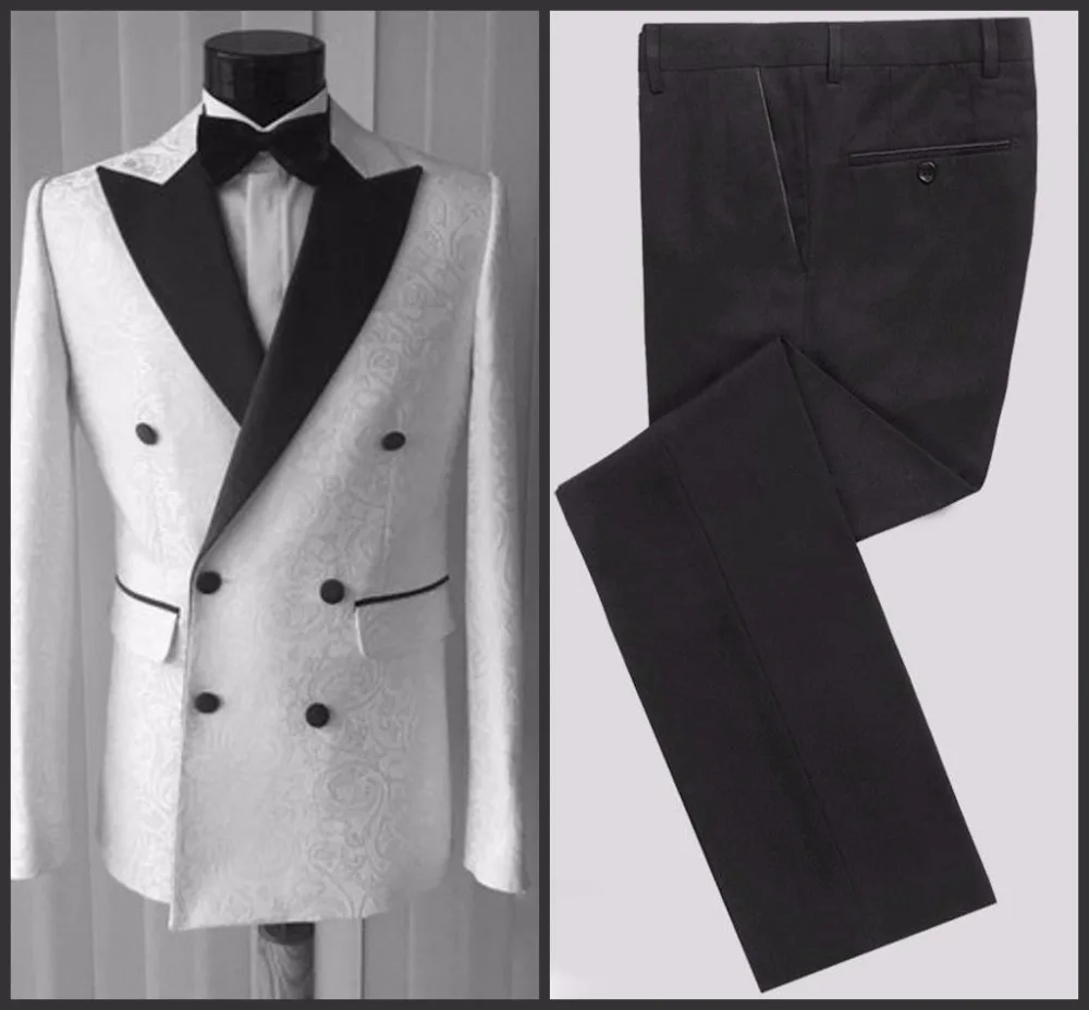 High Quality Double Breasted White Embossing Groom Tuxedos Peak Lapel Groomsmen Mens Suits Blazers (Jacket+Pants+Tie) W:696