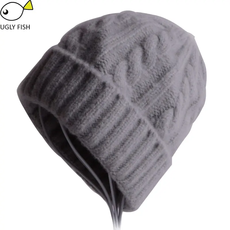 grey Плотная шерсть skullies beanies зимняя женская шапка мужская вязаная skullies beanies женские зимние шапки одноцветные - Цвет: grey