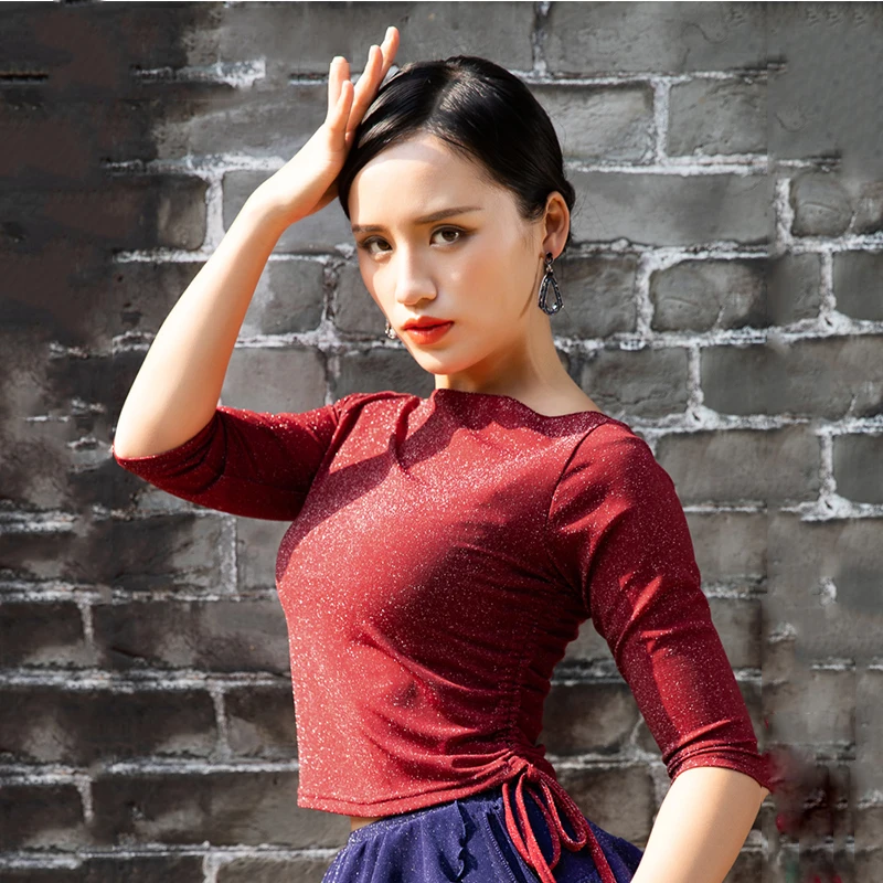 Latin Shirt Women Red Mid Sleeve Rumba Cha Cha Samba Dancing Clothes Ladies Latin Dance Top Ballroom Practice Show Wear DNV11658