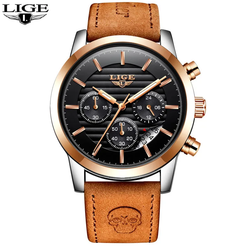 leather rose black A LIGE мужские часы Топ Бренд роскошные кожаные кварцевые часы мужские военные спортивные водонепроницаемые золотые часы Relogio Masculino - Цвет: leather rose black A