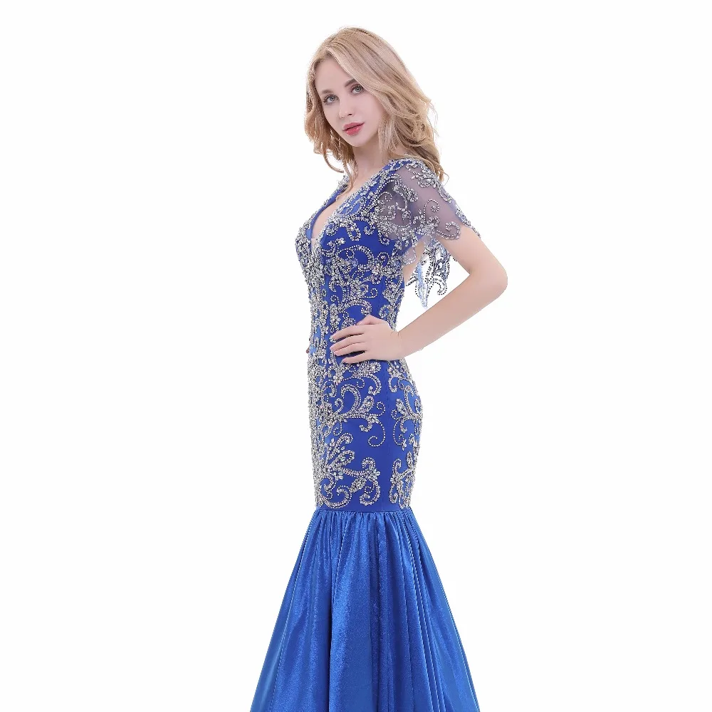 

V-neck Navy Blue Long Mermaid Evening Dress Lace Beaded Vintage Prom Gowns Vestido De Festa Cap Sleeve Cheap Evening Gown
