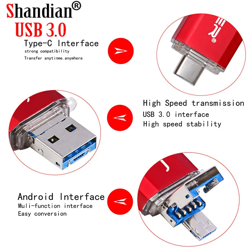 SHANDIAN USB 3,0 type C OTG USB флеш-накопитель Usb 3,0 Флешка для type-C Mobile/PC 64 ГБ 32 ГБ 16 ГБ высокоскоростная микро USB флешка