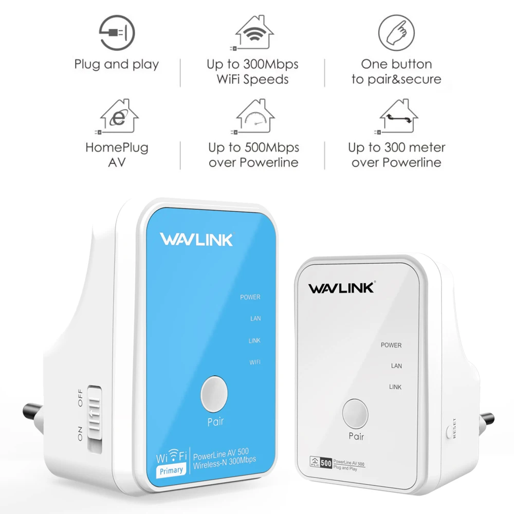 Wavlink 1 пара AV500 Powerline Ethernet адаптер сетевой комплект беспроводной-N 300 Мбит/с wifi удлинитель Homeplug AV Plug and play IPTV EU/US