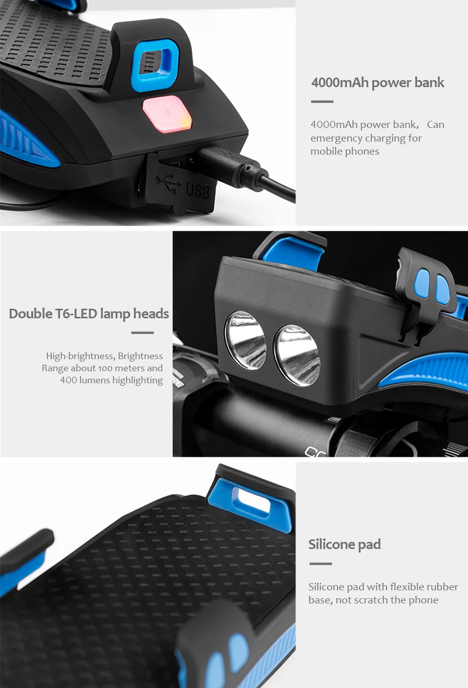 Coolизменить 4 в 1 велосипедный Звонок MTB держатель для телефона велосипедный Рог светильник 2000/4000 мАч Внешний аккумулятор usb зарядка 130 дБ электрический велосипедный Звонок