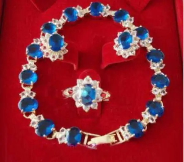 Горячая Распродажа Новый стиль&gt синий фианит сапфир 18KGP кристалл браслет серьги