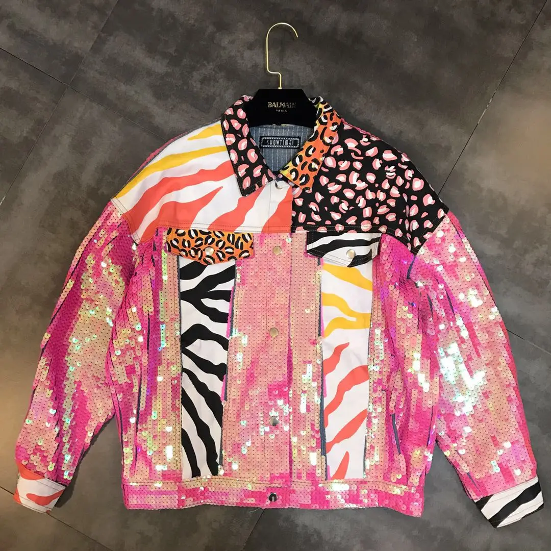 2018 новая зимняя розовая джинсовая куртка с леопардовым принтом и блестками |