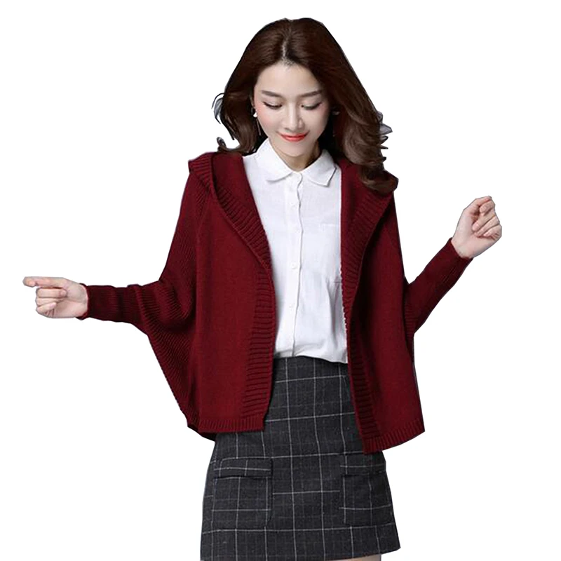 Short jacket sweater 2017 autumn new women long sleeves loose hooded knitting Cardigan Thick bat Sweater coat LU |