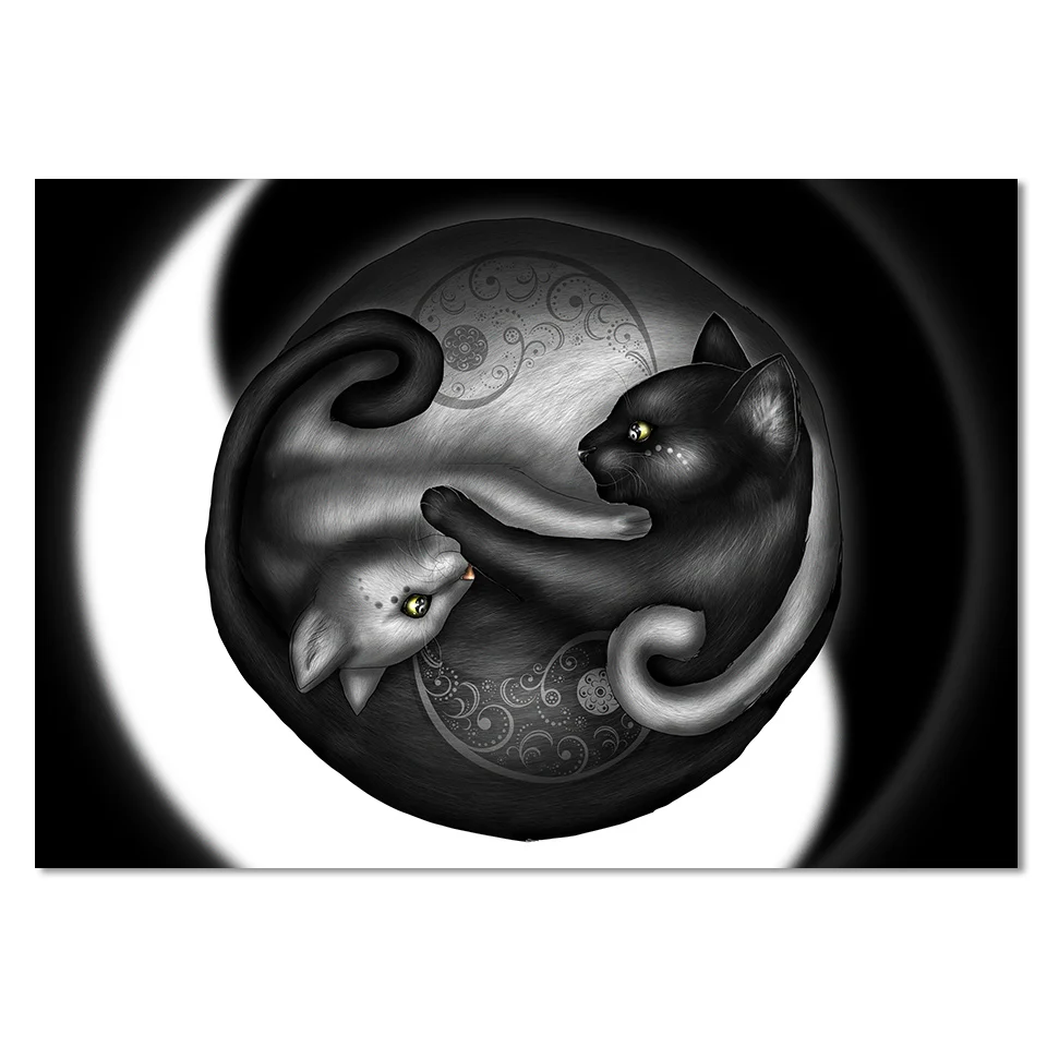 Yinyang cat Morning by Khalia Art HD печать 1 шт. Холст Искусство черно-белый плакат абстрактные