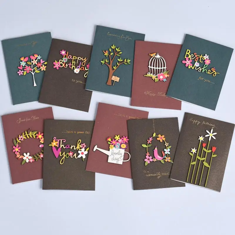 

10pcs Vintage Wood Carving Patch Mini Blessing Thank You Greeting Card Birthday Christmas Card Envelope Writing Paper Stationery