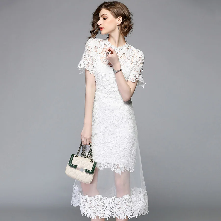 Женское кружевное платье с коротким рукавом и круглым вырезом Элегантное