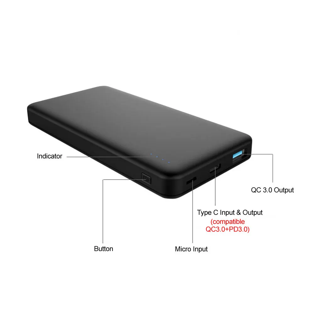Внешний аккумулятор 10000 мАч USB Тип C PD быстрая зарядка + QC3.0 пауэрбанк внешняя